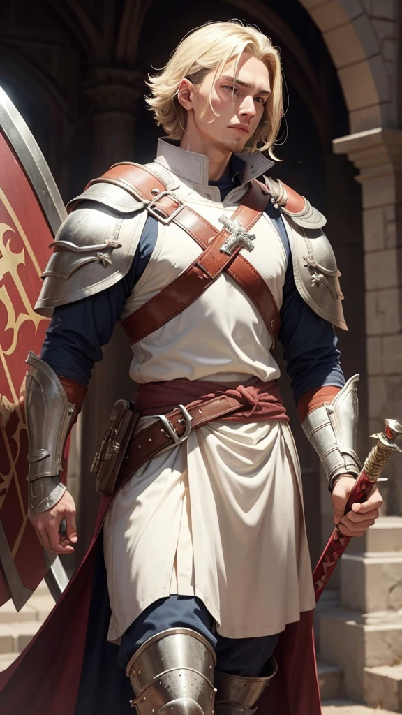 A man wearing white European medieval armor with a hint of red is carrying a large sword and a shield with a cross symbol 