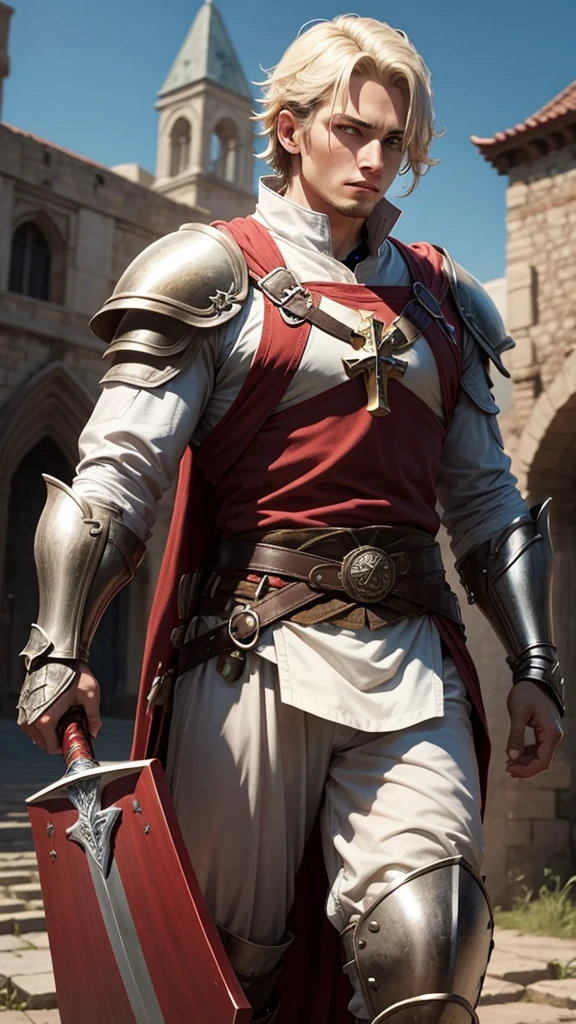 A man wearing white European medieval armor with a hint of red is carrying a large sword and a shield with a cross symbol 