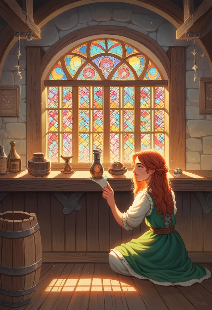 young redhead, medieval tale tavern, Intricately detailed colorful interior, detailed intense sunrise lightning, better geometry, award wining masterpiece, ultra intricate shadows and lighting, better lighting, better shadows, busy and complex environment, trends in the Art season, global illumination, car lighting polish, bioluminescence, mid-journey style, art by Albert Bierstadt