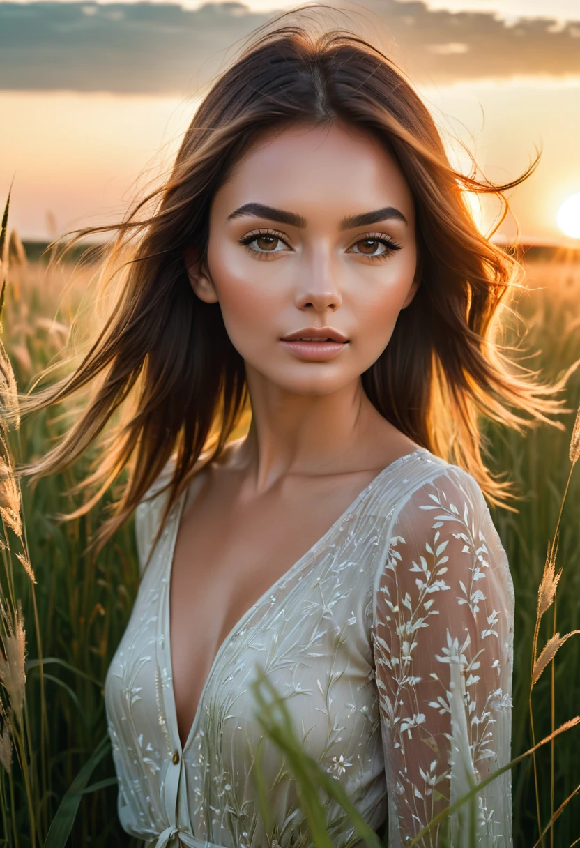 a woman standing in a field of tall grass with the sun setting, gorgeous woman, cinematic beautiful natural skin, attractive woman, attractive girl, photo of a beautiful woman, gorgeous attractive face, extremely beautiful face, in a field, beautiful female model, portrait of a beautiful model, soft portrait shot 8 k, beautiful delicate face, a beautiful young woman, attractive beautiful face
