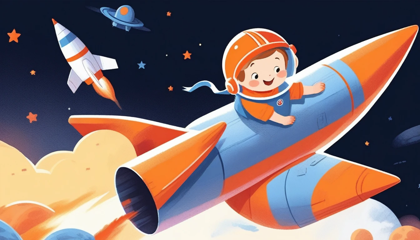 children's picture books,crayon paintings,black background,simple background, A on a rocket, facing the camera, happy, orange uniform, urss, slowly approaching, with high definition and quality,