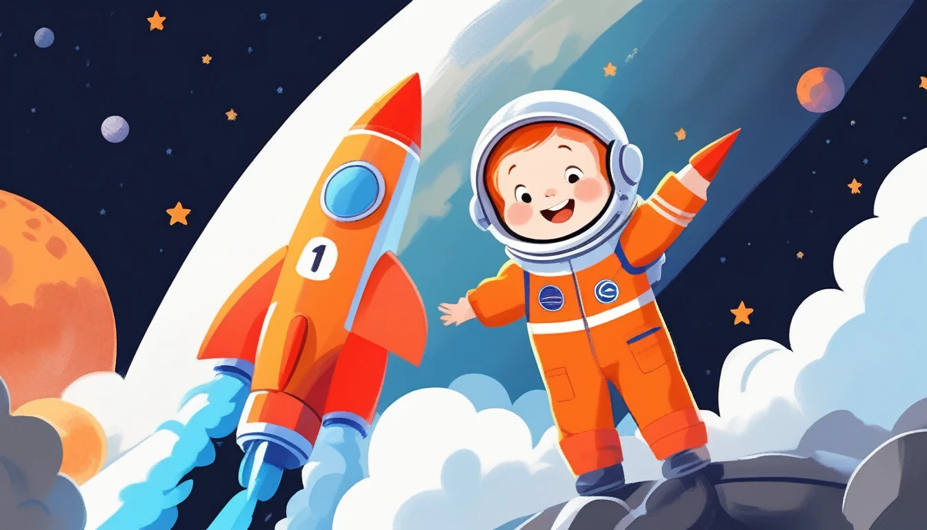 children's picture books,crayon paintings,black background,simple background, A little boy on a rocket, facing the camera, happy, orange uniform, urss, slowly approaching, with high definition and quality,