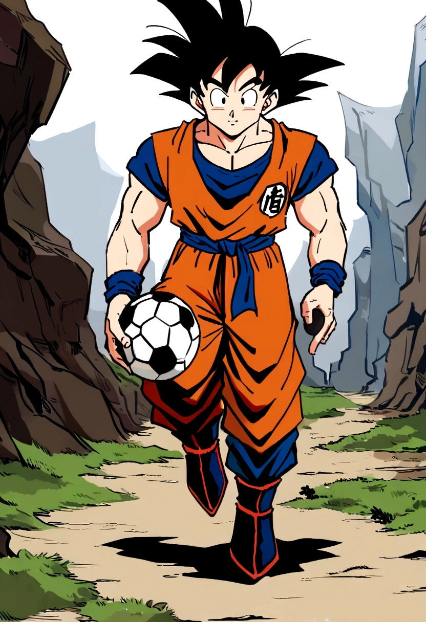 Goku like Super Sayajin , goku clothes , anime styling , Football scenario , (( image without deformities)) , best resolution , best qualityer , steady look , masterpiece, holding a soccer ball in his hand.