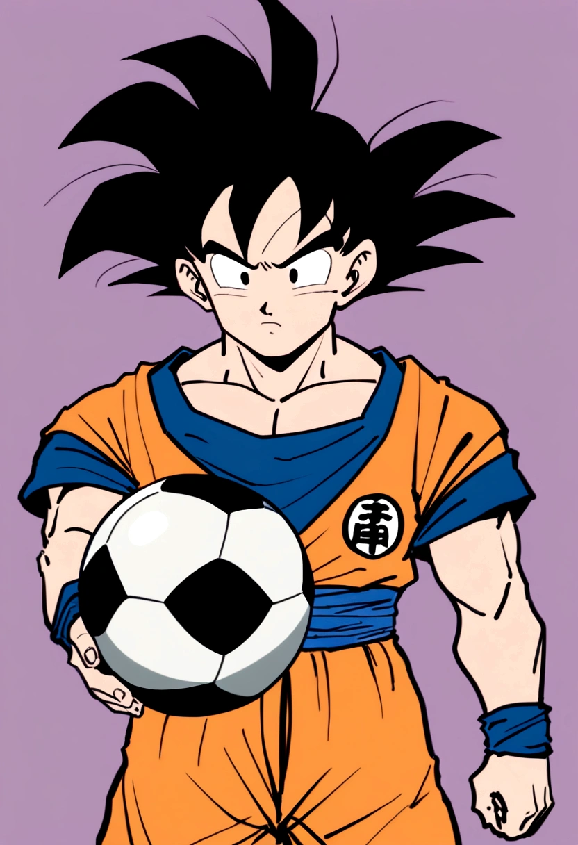 Goku like Super Sayajin , goku clothes , anime styling , Football scenario , (( image without deformities)) , best resolution , best qualityer , steady look , masterpiece, holding a soccer ball in his hand.