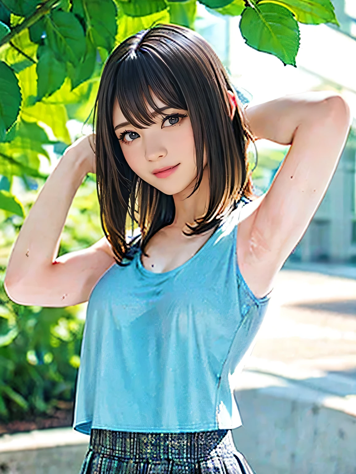 1girl, woman, 20 years old woman, girl in summer clothes, beautiful, medium breasts, flirtatious look, ((very detailed)), photorealistic image, high res, ((tanktop jersey:1.78)), looking at viewer:1.8, (1girl eyes looking at viewer:1.55), camisole, Plain costumes, Simple Background, Emphasis on the chest, Hands behind the body, White outfit, whole body, Raise your arms and show your armpits, show your armpits, hands behind head, photorealistic, (bokeh), best quality, 8k, UHD