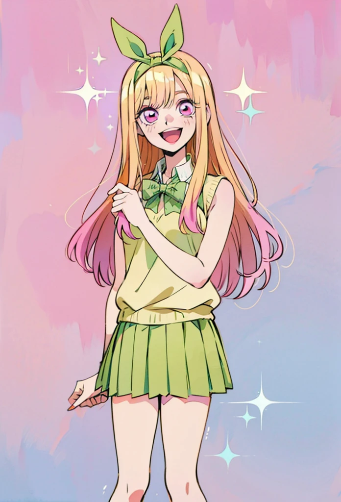 Marin kitagawa, long hair, marin drssed up as Yotsuba Nakano, long blonde hair with pink ends, sparkling pink eyes, sweet face, cheery, playful happy face, lovely, 4k, perfect quality, excellent fusion, excellent character design, green ribbon, sleeveless yellow sweater, collared white short sleeved shirt, green bow tie, green pleated skirt, bright colors, pastel coloured image, vivid colours, light colours, simple background, magic hill background, splendid nature, natural light, daylight, full body, full shot, dinamic pose, extremely detailed, clean lineart, neat, smile