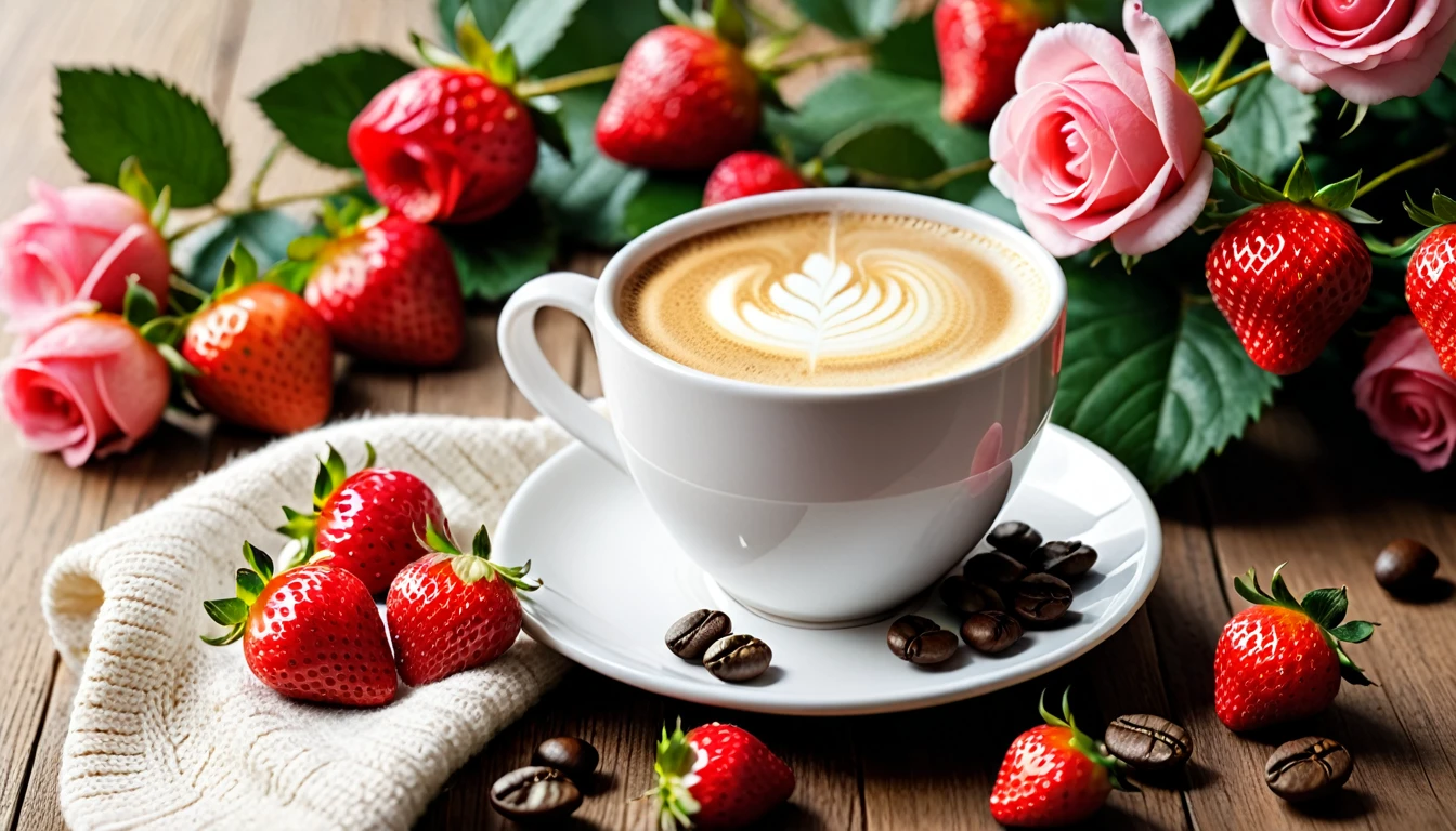 Best still life composition(best quality,4K,8K,High resolution,masterpiece:1.2),Super detailed,(Practical,photoPractical,photo-Practical:1.37),latté(clear focus、obvious)There is slight smoke in the white ceramic cup.Artist coffee impression.White sweater with clear texture,Wrinkles arranged randomly..strawberry.Sophisticated and elegant.A bouquet of bright pink and white roses laid flat from above(Lying flat on the table)..modern style.Fresh coffee beans are placed on the wooden bench next to it.Core and Texture. Freshness and flavor.Super detailed.(Super quality,Super detailed,Ultra-complex,Extremely complex)Soft and natural light and shadow.Reverse fragrance.no humans.Ultra wide angle, (Detailed texture),Background covered with film grain, natural soft light,(Morning Scene.warm sunshine in the morning)Ray tracing, Vignette, Wide-angle lens, Ultra wide angle, best qualitycinematic lighting, Depth of Field, outer boundary, Negative space, Letterbox header image