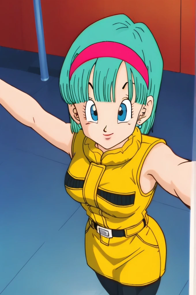 source_anime, score_9, score_8_up, score_7_up, anime screencap,
bulma, namek saga, 1girl, solo, breasts, looking at viewer, smile, short hair, blue eyes, yellow jacket, yellow skirt, pantyhose, belt, black pantyhose, aqua hair, selfie, from above, smile, happy, fringe trim, red hairband, 
 
