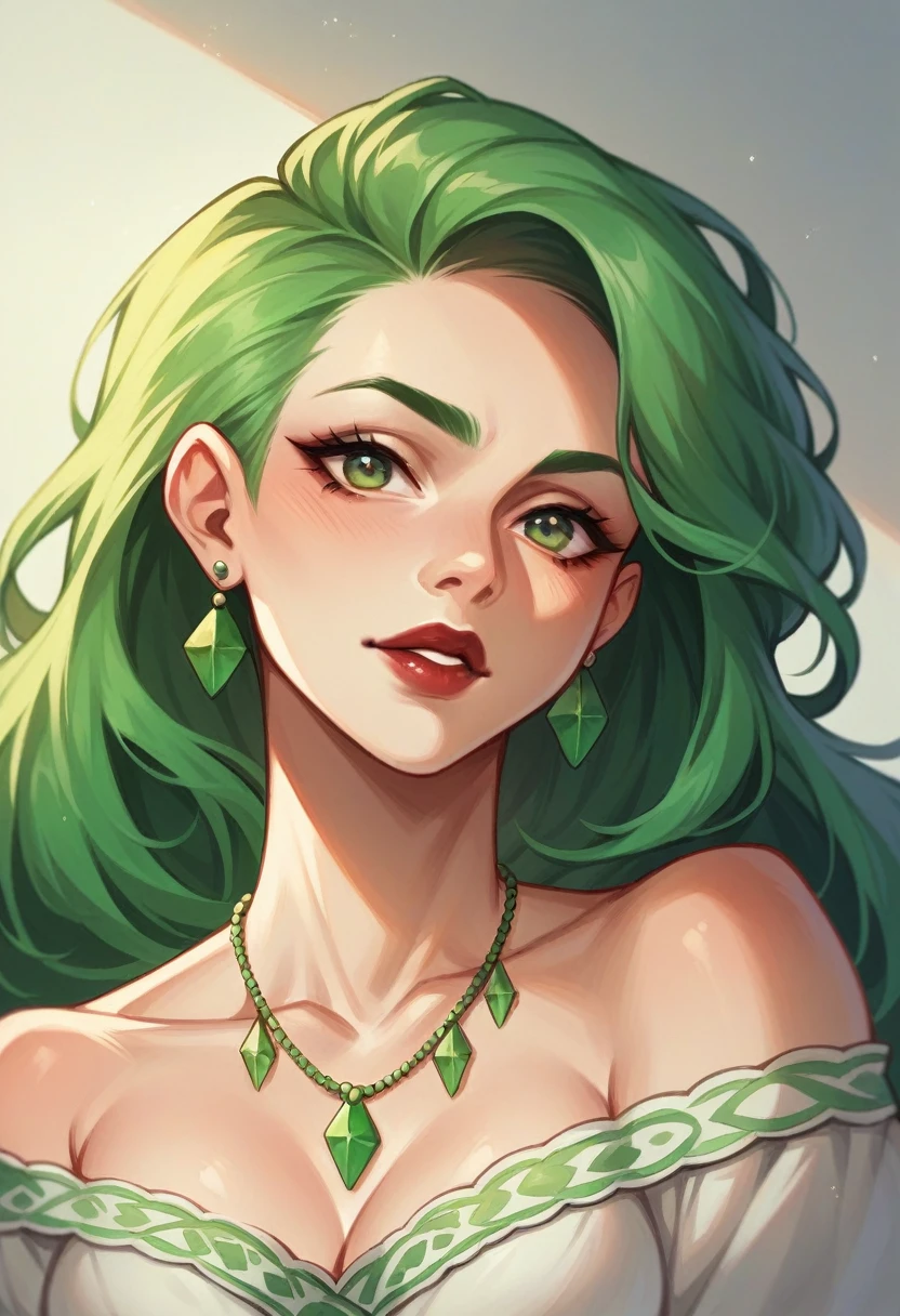 Imagine a white girl most beautiful girl wearing green saree, green necklace,green earrings,green bangles, green sandle and her eye also green her hair is brown her lipstick is dark red and show full single picture her age is 22