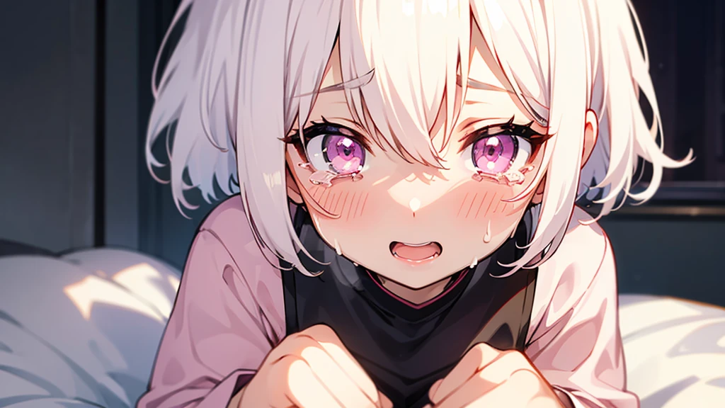 White Hair Girl、Pink Eyes、Short Hair、Only one girl、Night、In the bedroom、Blushing、laughing、Excited、Just One、Sitting on the bed、Sweating、With tears in their eyes、On all fours