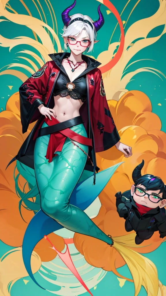 8k, masterpiece, best quality, highly detailed, 1 girl, tiefling, warlock, multicolored hair, very short straight hair green highlight hair on white hair, strippled hair, wearing glasses, round glasses, earrings, red eyeshadow, long eyelashes,navel piercing, blushed cheek, necklace, collarbone, mole, glamorous, purple and teal clothing, villainy, smirk, seductive face, fullbody view, rings, looking at viewer, swimming, demon horns, solo, hand touching cheek, underwater, black lace gloves.