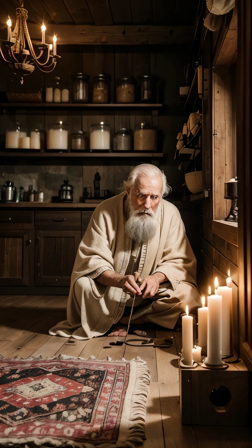 Generate an image of a candle shop in the Middle Ages. The interior is illuminated by the warm light of numerous candles, with wooden shelves full of candles of different sizes, forms and colors. The floor is made of aged wood and there are hand-woven rugs. An elderly man with a gray beard and a linen robe serves a customer behind a carved wooden counter, surrounded by candle making tools. In a corner, a large ceremonial candle burns with a constant flame. The atmosphere is infused with the sweet aroma of beeswax and aromatic herbs."