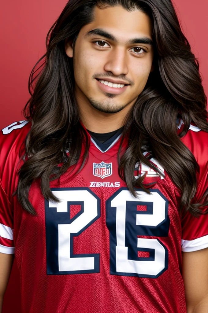 age 25, long hair, hispanic, brown eyes, full body, conservative clothing, intelligent, realistic, wearing an arizona cardinals football jersey number 40