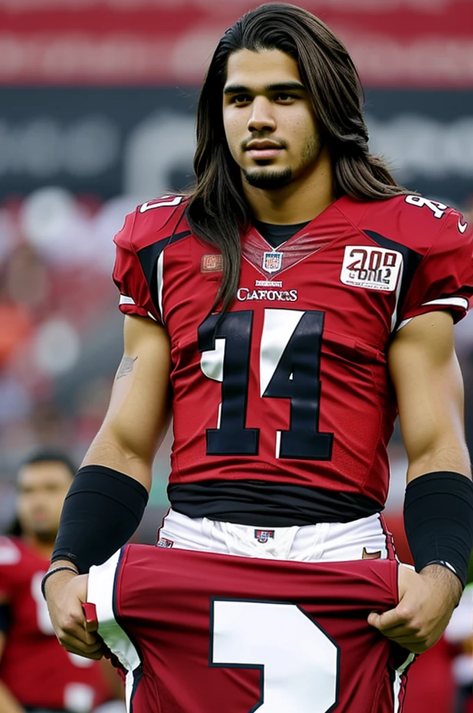 age 25, long hair, hispanic, brown eyes, full body, conservative clothing, intelligent, realistic, wearing an arizona cardinals football jersey number 40