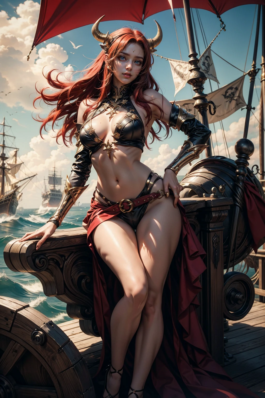 woman minotaur eye patch red hair, Red clothing, with horns, sexy sensual on a pirate ship at sea, fully body 