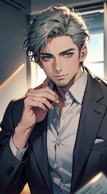 (best quality,4k,8k,highres,masterpiece:1.2),ultra-detailed,(realistic,photorealistic,photo-realistic:1.37),1 man,31 years old,mature man,very handsome,without expression,smile,short grey green hair,blue eyes,penetrating gaze,perfect face without errors,imposing posture,businessman,office background,cinematic lighting,hdr image