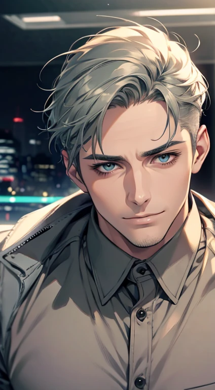 (best quality,4k,8k,highres,masterpiece:1.2),ultra-detailed,(realistic,photorealistic,photo-realistic:1.37),1 man,31 years old,mature man,very handsome,without expression,smile,short grey green hair,blue eyes,penetrating gaze,perfect face without errors,imposing posture,businessman,office background,cinematic lighting,hdr image
