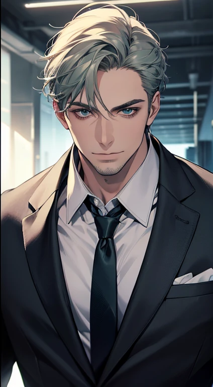 (best quality,4k,8k,highres,masterpiece:1.2),ultra-detailed,(realistic,photorealistic,photo-realistic:1.37),1 man,31 years old,mature man,very handsome,without expression,smile,short grey green hair,blue eyes,penetrating gaze,perfect face without errors,imposing posture,businessman,office background,cinematic lighting,hdr image