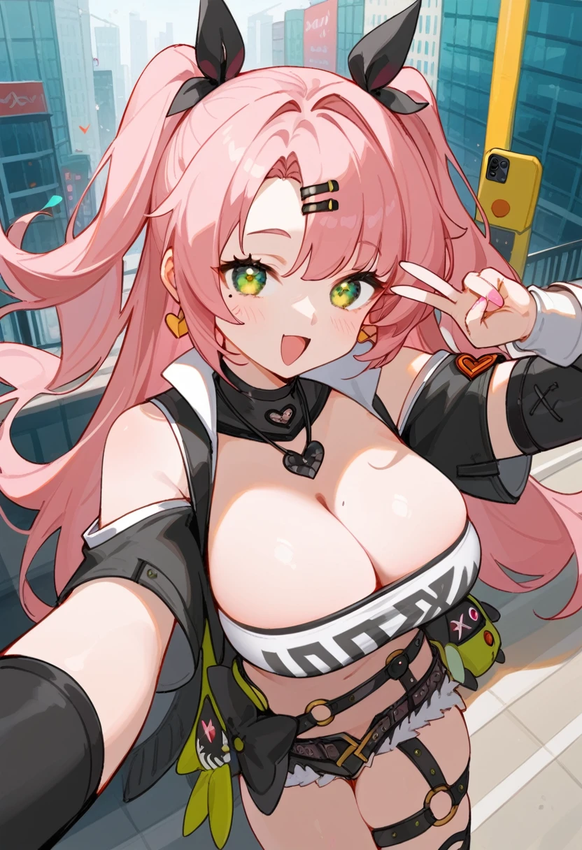 score_9, score_8_up, score_7_up, source_anime, Ncle, green eyes, pink hair, long hair, two side up, hair ribbon, hairclip, mole under eye, tube top, black jacket, heart choker, midriff, micro shorts, single thighhigh, thigh strap, shoulder cutout, long sleeves, earrings, jewelry, outdoors, city, other, V, happy, selfie, from above, cleavage, large breasts,