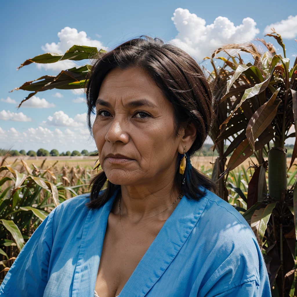 indigenous old woman with cornfield in the background and a big blue sky