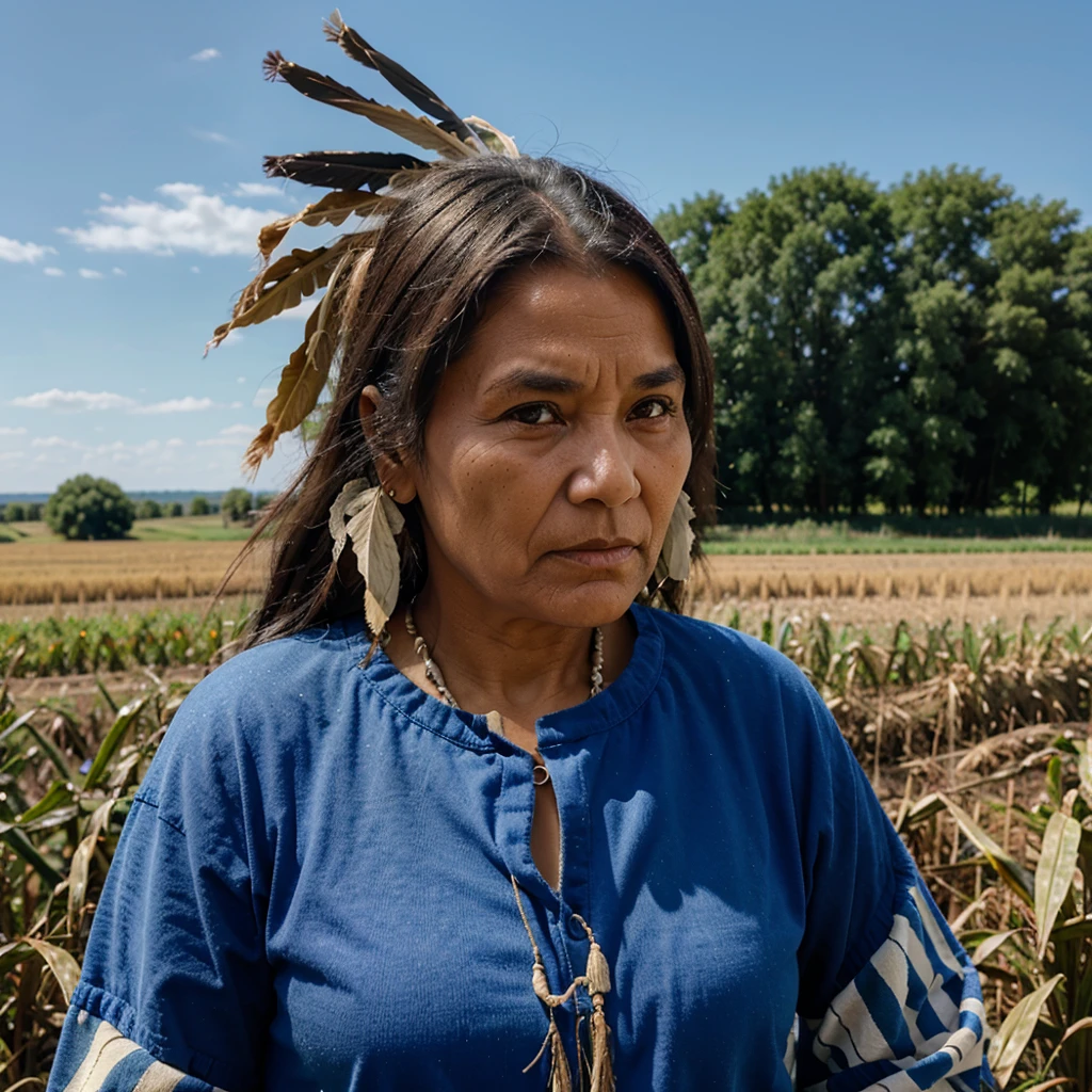 indigenous old woman with cornfield in the background and a big blue sky
