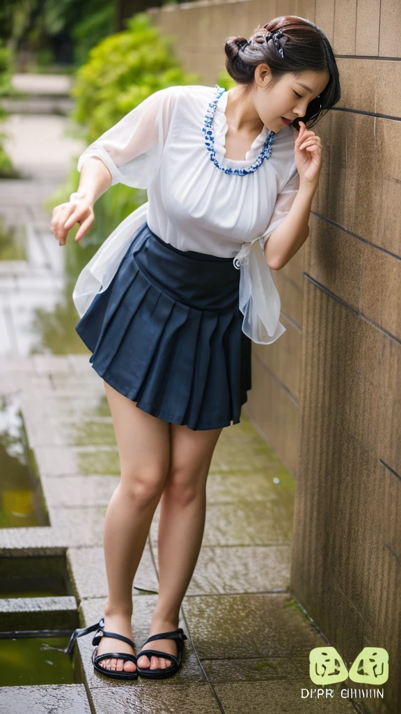 1woman,fullbody,(masterpiece:1.5),photo-realistic,16K,(beautiful 40s japanese plump lady:1.5),(frilled blouse:1.4),(chiffon skirt:1.3),sandals, (handing on wetting crotch with both hands:1.1), (masterpiece, 16K,8K,4K ,Ultra-detailed:1.1),(Beautiful Face:1.1),(One girl:1.1),(urination:1.5),(Embarrassing:1.3), Peeing on your own, Wet clothes, A face that can't stand peeing, Desperately getting wet, Pee despair pose, She couldn't hold her pee、I was so desperate that I peed myself in the middle of the bus stop.。, Pee running down her legs, stand up, Hyper pee desperate face, Big Piss Puddle