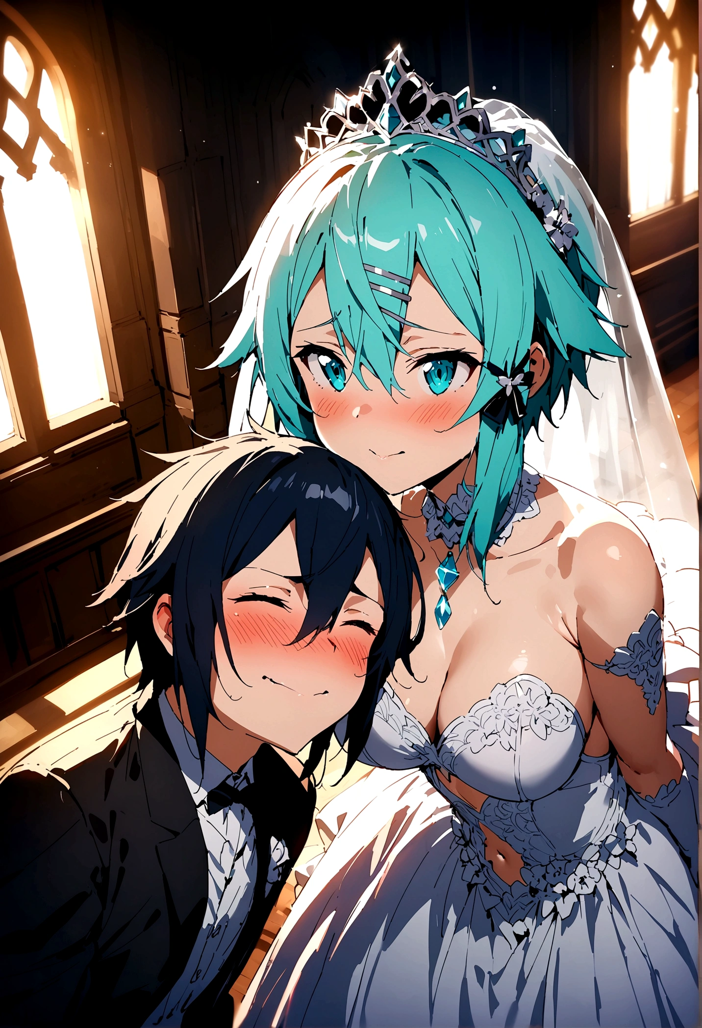 NSFW,masterpiece,Highest quality,High resolution,Super detailed,Sinon\(Sword Art Online\),(High quality y wedding dress),High-quality wedding lingerie,Wedding Veil,tiara,gem, hair ornaments, Hair Clip,wedding ring,Embarrassed,expectant face,(Lus(Kissing Face)),blush,Church at night in the moonlight,Luxurious Room,wedding,From above,Close ~ eyes