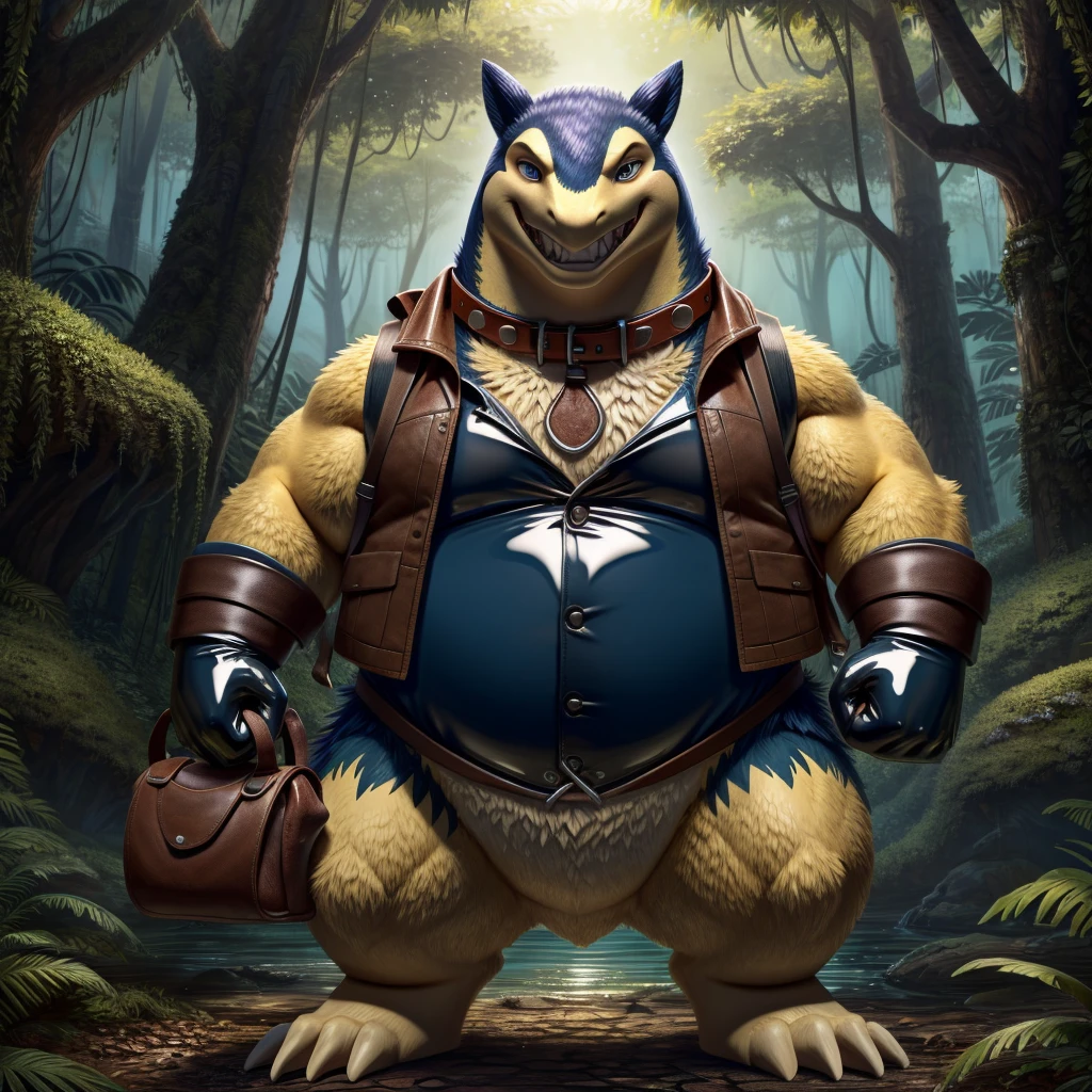 Male, fat, extremely obese, gentleman, Typhlosion, blue eyes, (posing:1.3), (soft shading), 4k, hi res, ((detailed face, detailed)), looking at viewer, evil grin, jungle, forest, shirt, top hat, male focus, Explorer Outfit, glasses, bag, vest, backpack, sleeves rolled up, round eyewear, brown headwear, brown vest, Typhlosion is wearing a glossy leather dog collar around the neck, Typhlosion is wearing the leather collar and shirt and vest at the same time, Typhlosion is wearing glossy white rubber gloves on the hands, wearing white rubber gloves on the feet, gloves are rubber in texture, clenching teeth, clenching fists, leather collar is glossy and shiny with a lot of detail.
