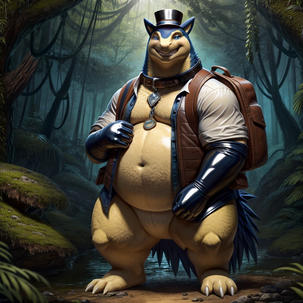 Male, fat, extremely obese, gentleman, Typhlosion, blue eyes, (posing:1.3), (soft shading), 4k, hi res, ((detailed face, detailed)), looking at viewer, evil grin, jungle, forest, shirt, top hat, male focus, Explorer Outfit, glasses, bag, vest, backpack, sleeves rolled up, round eyewear, brown headwear, brown vest, Typhlosion is wearing a glossy leather dog collar around the neck, Typhlosion is wearing the leather collar and shirt and vest at the same time, Typhlosion is wearing glossy white rubber gloves on the hands, wearing white rubber gloves on the feet, gloves are rubber in texture, clenching teeth, clenching fists, leather collar is glossy and shiny with a lot of detail.