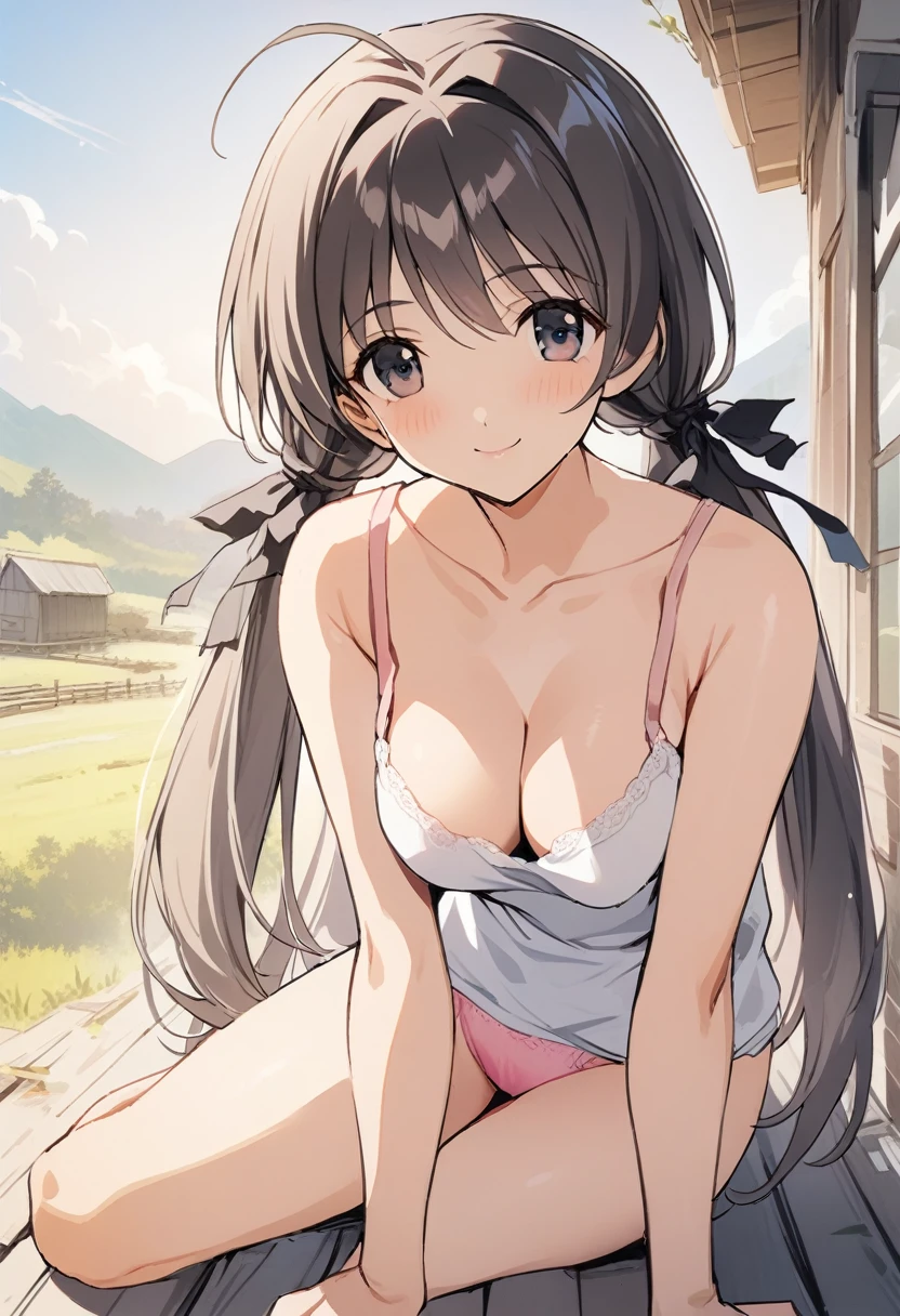 One girl,Hotaru、smile、Gentle expression、Welcome、The whole body is shown、Leaning forward、Cleavage、noon、Rural Scenery、Sitting、Leg spread、looking viewer,Cute white camisole,panty shot,Pink Panties、A complete depiction of the human body、masterpiece, Highest quality, Game CG,