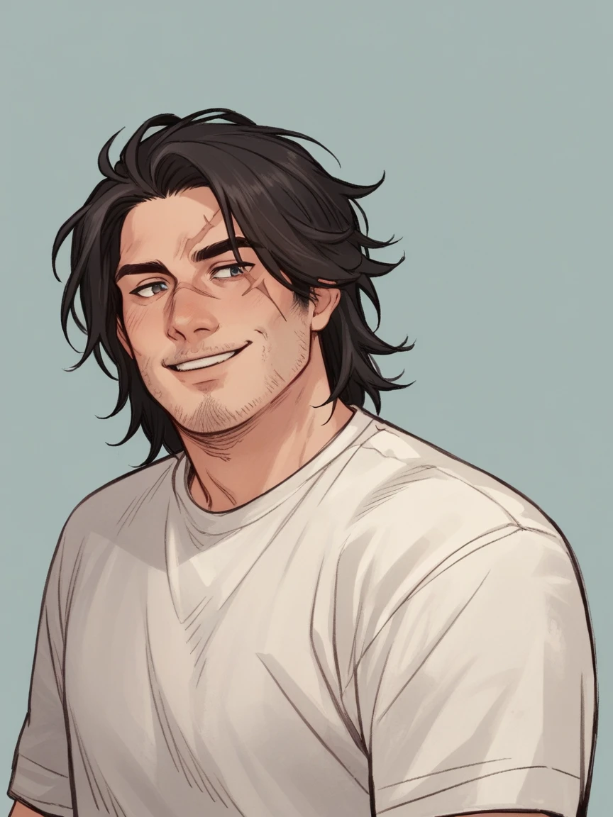 score_9, score_8_up, score_7_up, score_6_up, score_5_up, score_4_up,   wh33z13, 1 adult man, smiling, white skin, long dark hair, facial hair, big scar on letf eye