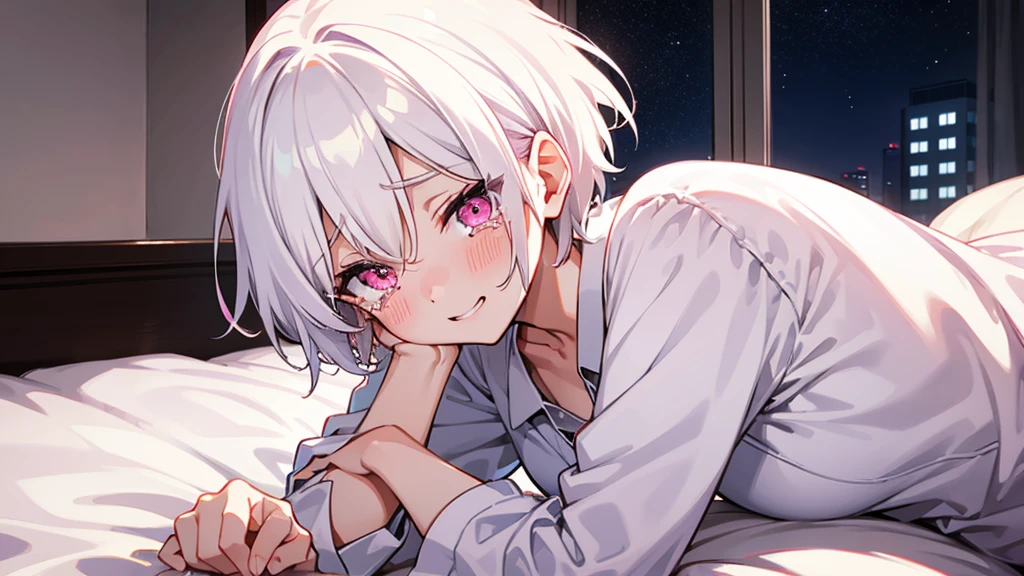 White Hair Girl、Pink Eyes、Short Hair、Only one girl、Night、In the bedroom、Blushing、laughing、Excited、Just One、Sitting on the bed、Sweating、With tears in their eyes、On all fours
