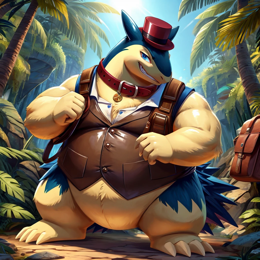 Male, fat, extremely obese, gentleman, Typhlosion, blue eyes, (posing:1.3), (soft shading), 4k, hi res, ((detailed face, detailed)), looking at viewer, evil grin, jungle, forest, shirt, top hat, male focus, Explorer Outfit, glasses, bag, vest, backpack, sleeves rolled up, round eyewear, brown headwear, brown vest, Typhlosion is wearing a glossy leather dog collar around the neck, Typhlosion is wearing the leather collar and shirt and vest at the same time, Typhlosion is wearing glossy white rubber gloves on the hands, wearing white rubber gloves on the feet, gloves are rubber in texture, clenching teeth, clenching fists, leather collar is glossy and shiny with a lot of detail.
