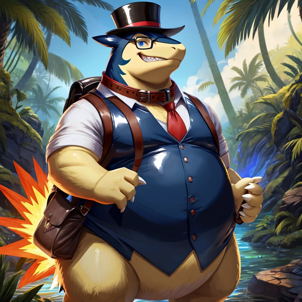 Male, fat, extremely obese, gentleman, Typhlosion, blue eyes, (posing:1.3), (soft shading), 4k, hi res, ((detailed face, detailed)), looking at viewer, evil grin, jungle, forest, shirt, top hat, male focus, Explorer Outfit, glasses, bag, vest, backpack, sleeves rolled up, round eyewear, brown headwear, brown vest, Typhlosion is wearing a glossy leather dog collar around the neck, Typhlosion is wearing the leather collar and shirt and vest at the same time, Typhlosion is wearing glossy white rubber gloves on the hands, wearing white rubber gloves on the feet, gloves are rubber in texture, clenching teeth, clenching fists, leather collar is glossy and shiny with a lot of detail.