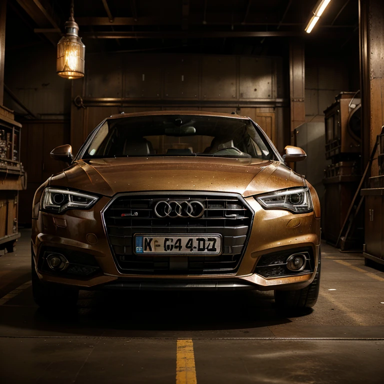 Steampunk version of an Audi A4 with complex gears and steam-powered machines, sharp focus on mechanical intricacies and vintage aesthetics, studio environment with dramatic lighting to highlight brass and copper tones, trends on artstation, Greg Rutkowski's signature style, highy detailed, studio photo.