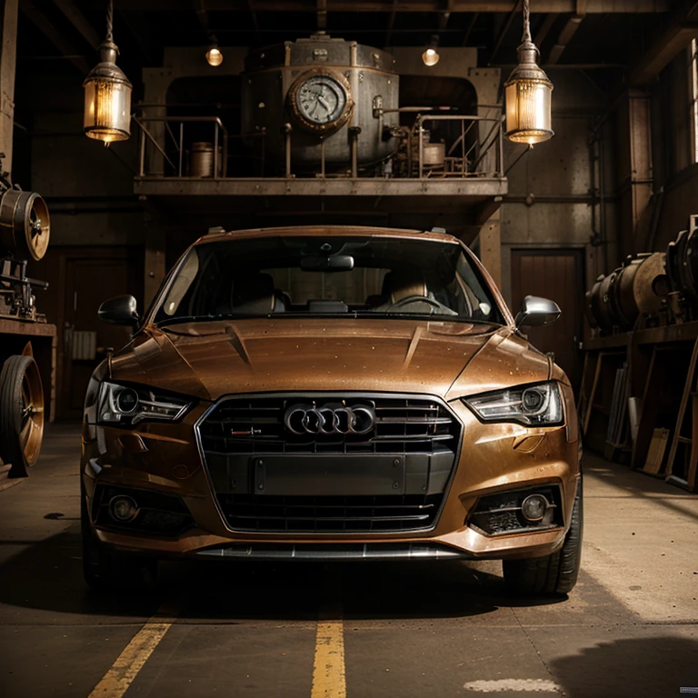 Steampunk version of an Audi A4 with complex gears and steam-powered machines, sharp focus on mechanical intricacies and vintage aesthetics, studio environment with dramatic lighting to highlight brass and copper tones, trends on artstation, Greg Rutkowski&#39;s signature style, highy detailed, studio photo.