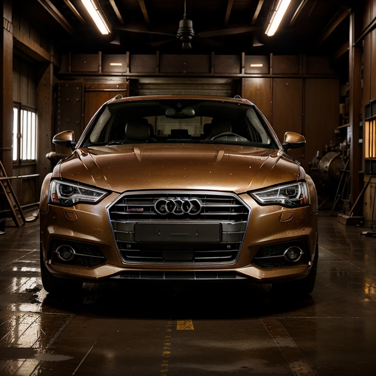 Steampunk version of an Audi A4 with complex gears and steam-powered machines, sharp focus on mechanical intricacies and vintage aesthetics, studio environment with dramatic lighting to highlight brass and copper tones, trends on artstation, Greg Rutkowski's signature style, highy detailed, studio photo.