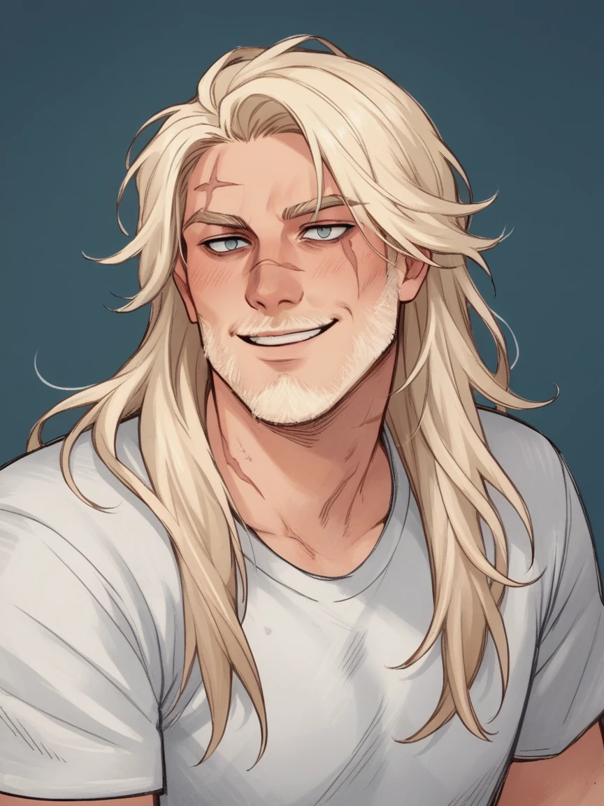 score_9, score_8_up, score_7_up, score_6_up, score_5_up, score_4_up, wh33z13, 1 adult man, smiling, white skin, long hair, facial hair, big scar on letf eye, blank blind left eye