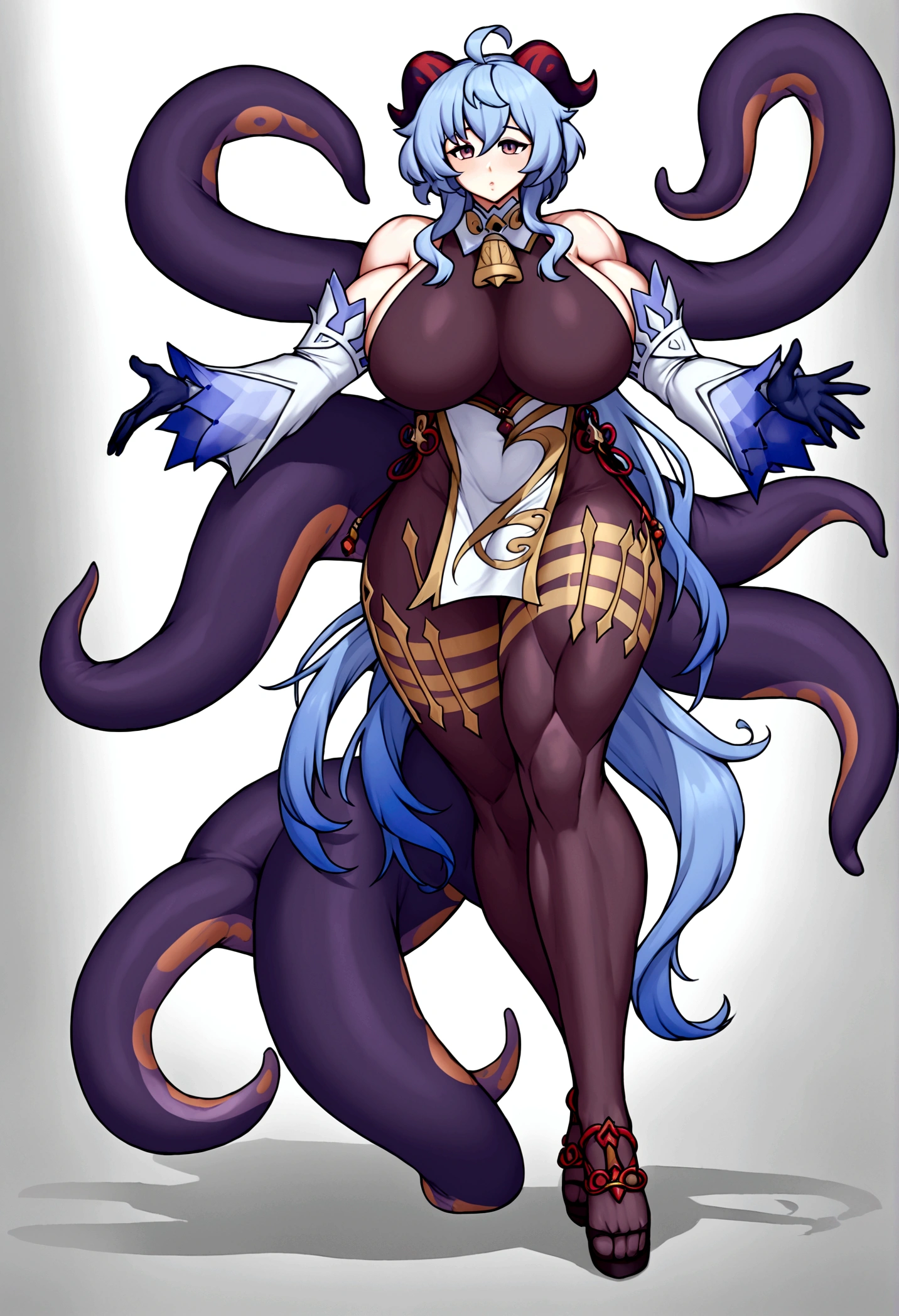 Ganyu, ninomae hair, ninomae tentacles, gigantic muscular body, huge breasts, 4 arms, full body.