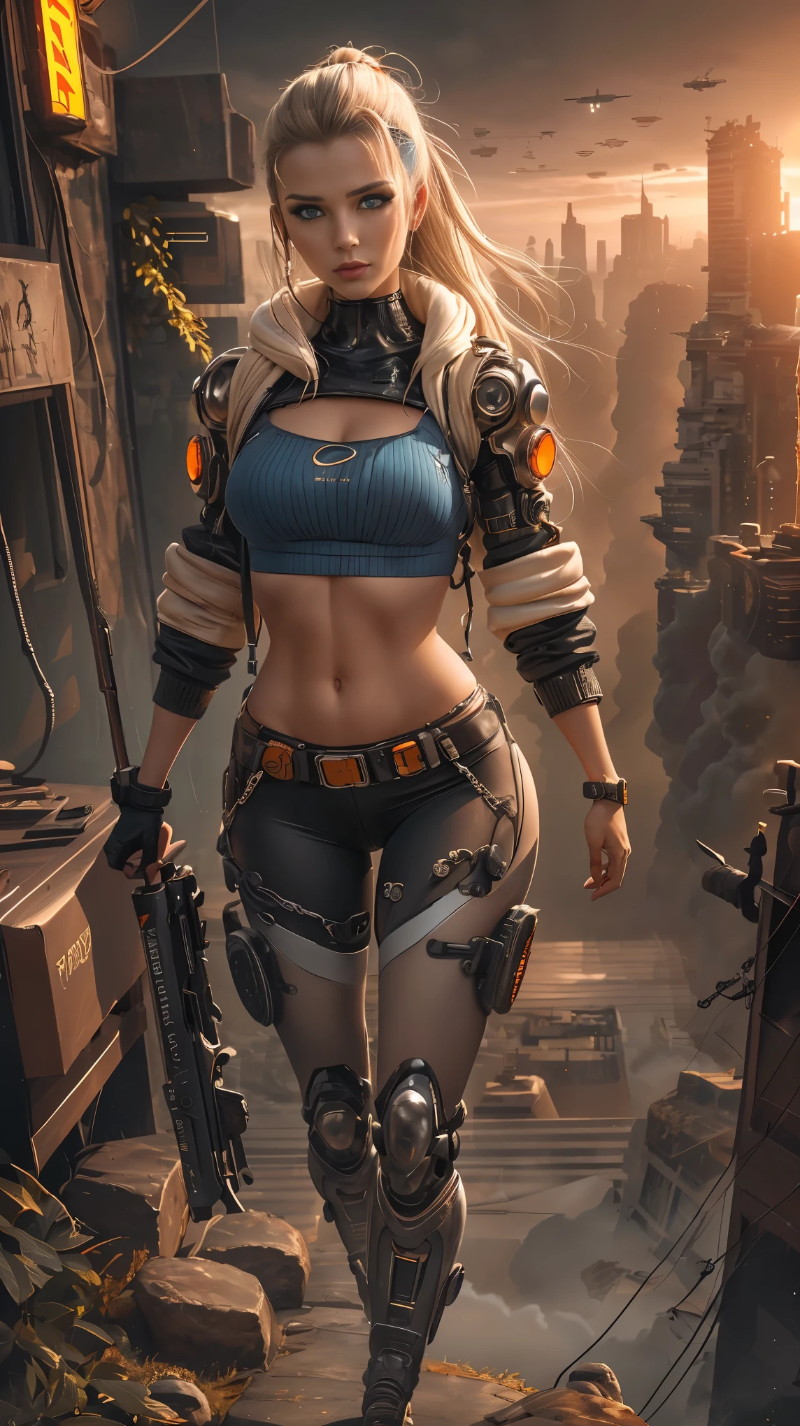 Ultra realist CG K ,((premium、8k、32k、Masterpiece、NFFSW:1.3)), (superfine illustration)、(super high resolution), (((adult body))), (Masterpiece, Best Quality:1.2),(La Best Quality,A high resolution,Ultra - detailed,actual) ,close-up Ariana Grande cyborg with red leather pants, yellow top, long white gray hair, (alien invasion background alien ships:1.4), (beautiful blue eyes big stones black:1.4) , (cowboy pose ), (realist) ,High quality 8K detailed art, Fanart Mejor ArtStation, fantasy art style , (white cyborg:1.4), (apocalyptic city cyberpunk colors:1.4)