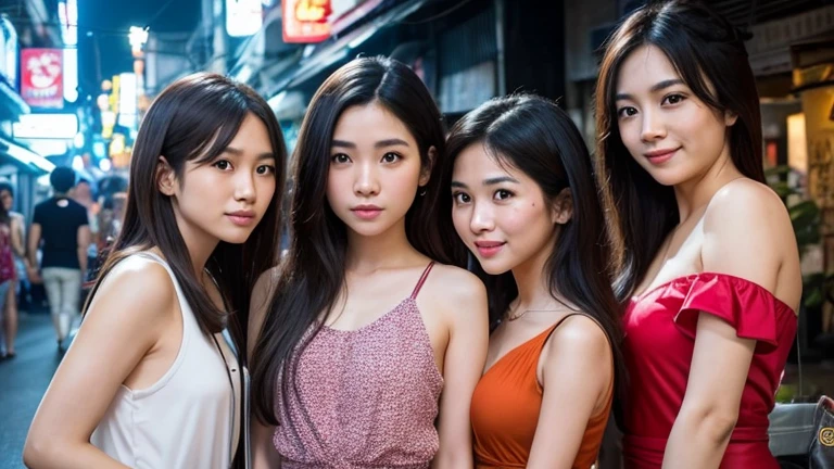 20〜Thai in his 30s、Vietnam people、A live-action image featuring three slightly sexy Japanese women。 The background is Bangkok's Chinatown or the neon streets of Khao San Road。