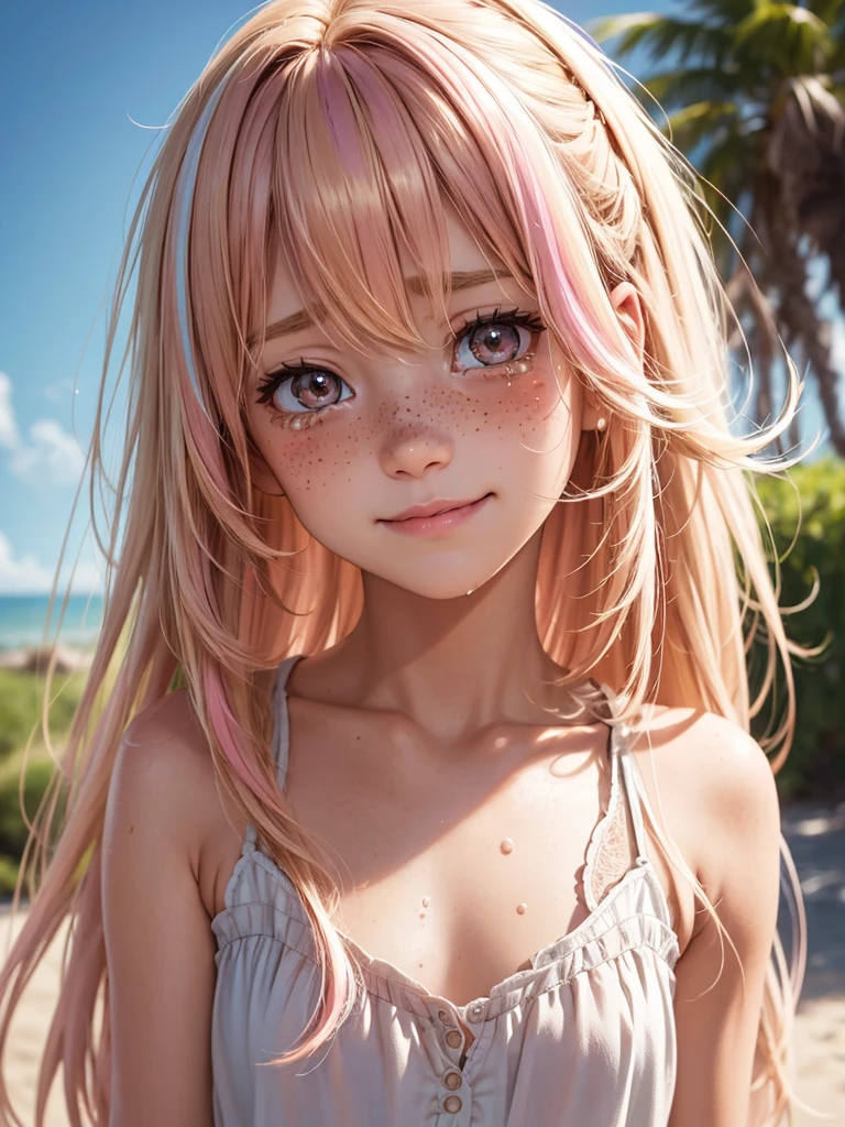 (best quality), 1girl, female, sun kissed skin, blonde hair, medium hair, swept bangs, pink streaked hair, brown eyes, perfect eyes, freckles, (tears), crying, sad expression, , slender, smile, small bust, masterpiece, anatomically correct, highres