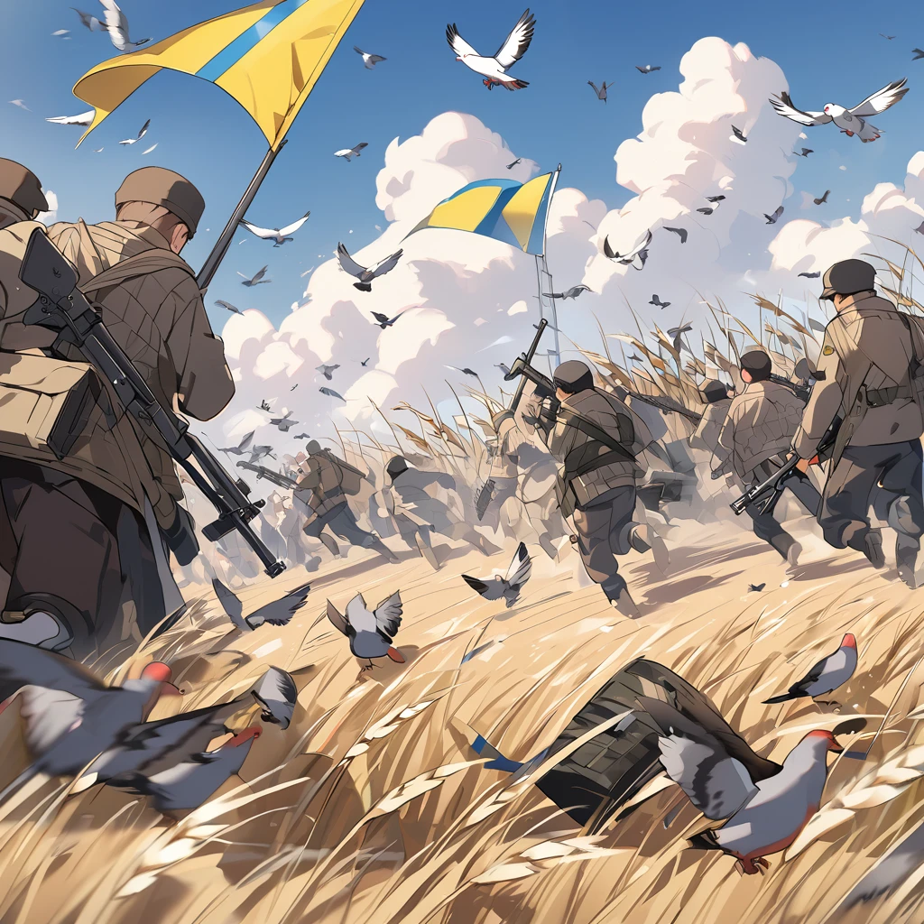 Russia is attacked by pigeons with the flag of Ukraine (wheat field flag) and people run away from machine guns of pigeons