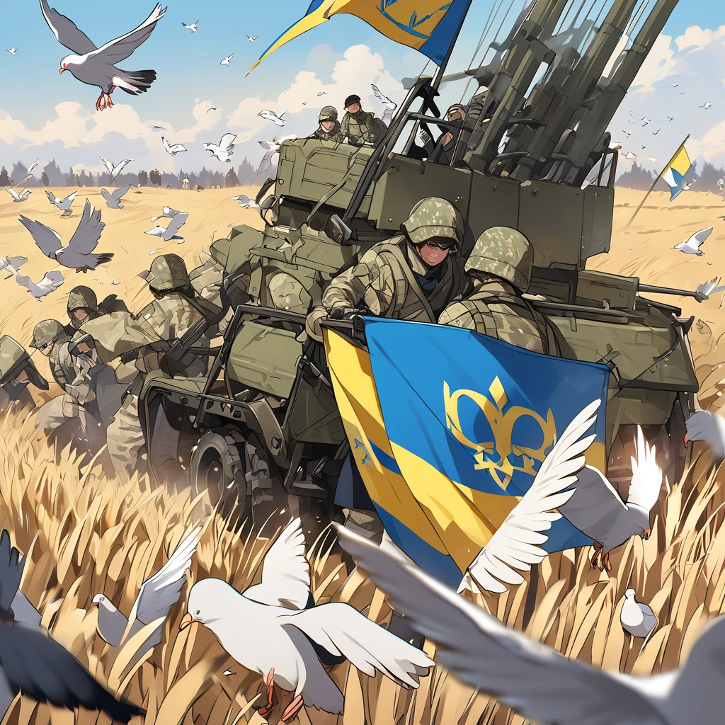 Russia is attacked by pigeons with the flag of Ukraine (wheat field flag) and people run away from machine guns of pigeons