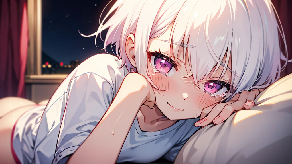 White Hair Girl、Pink Eyes、Short Hair、Only one girl、Night、In the bedroom、Blushing、laughing、Excited、Just One、Sitting on the bed、Sweating、With tears in their eyes、On all fours