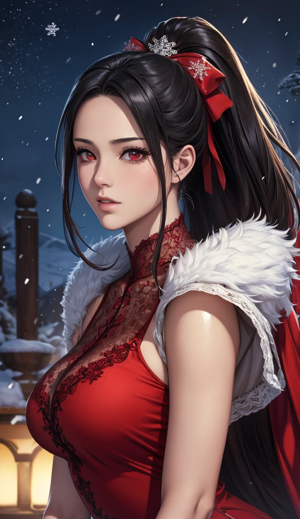 Red Eyes, (best quality, masterpiece painting:1.3), immature woman, , (Half-length photo), masterpiece, Ultra-high resolution, (Photorealism:1.0), Black Hair, Ponytail, Straight Hair, Beautiful shiny hair, White and shiny skin, ((Ultra-realistic details)), Octane Rendering, Highly detailed face, (Large Breasts:0.8), 她穿着蛛网一样的clothing, Flowing red silk dress，Decorated with lace and ribbons, (clothing: Red lace silk dress with lace and ribbon),cleveage, Perfect body, soft skin, Anime Face, Perfect face, Perfect eyes, Looking at the audience, clever, Snow Scene, ((Snowflakes falling)), ((A wonderful night)), ((outdoor)), Clear focus, Intricate details, Professional artwork, (Vibrant colors:1.1), Vibrant colors, diffused Lighting, Digital Mixing, Ultra-clear body, Ultra-fine hair, Super detailed face, That&#39;it&#39;Popular on Pixiv, Top button open, 可爱的目Light, compensate, Perfect lips, perfect compensate, Ultra-precision coating,  (Light_Smile:0.8), (so awkward:1.2), blush your nose,