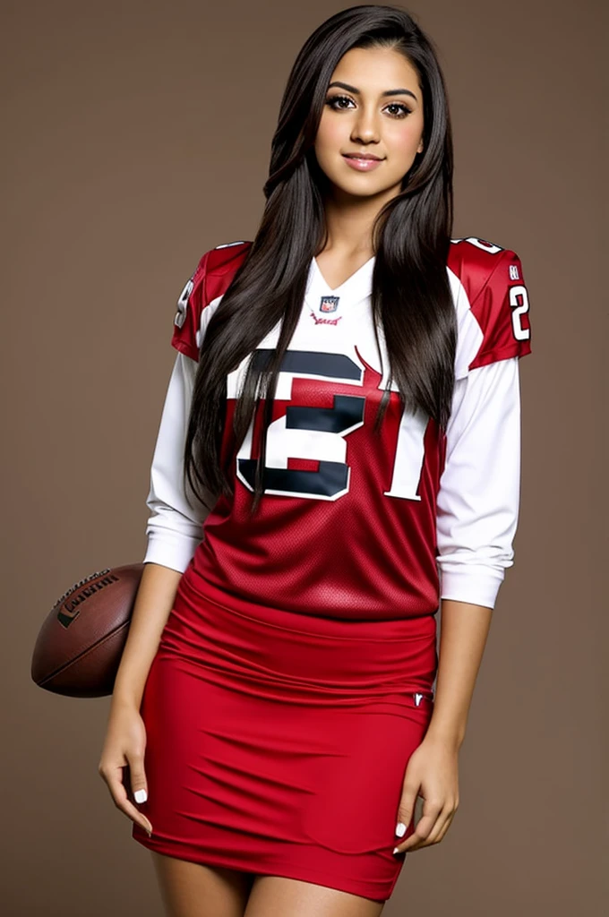 age 25, female, long hair, hispanic, brown eyes, full body, conservative clothing, intelligent, realistic, wearing an arizona cardinals football jersey