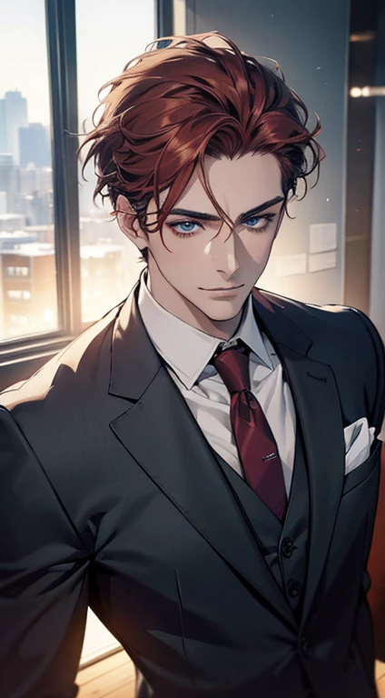 (best quality,4k,8k,highres,masterpiece:1.2),ultra-detailed,(realistic,photorealistic,photo-realistic:1.37),1 man,31 years old,mature man,very handsome,without expression,smile,short grey red hair,blue eyes,penetrating gaze,perfect face without errors,imposing posture,businessman,office background,cinematic lighting,hdr image