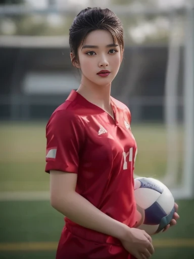 Araaf woman in football uniform poses for a photo, ผู้หญิงlong hairชาวเอเชียตะวันออกเฉียงใต้ที่มีใบหน้ากลม, long hair,black eyes,abdominal muscles, thick hips, rounded chest, very large breasts, Warm light, morning sun, digital painting, HDR, high contrast), 3d, 8K, 45,000,000 pixcls,Asian girl, Gorgeous Chinese model, Japanese model, beautiful asian woman, Japanese goddess, Very beautiful girl., jaw-dropping beauty, Thai girl anime, Korean girl, Ruean Jia is very beautiful wearing a volleyball shirt., Goddess, Wearing a school football uniform, Dilraba Dilmurat, Wear Adidas clothes, Julia Sardinian, Shin Min Jung, Kiko Mizuhara, Tzuyu from two times, Professional sports style, Sana Takeda, retro 9 0s japanese,