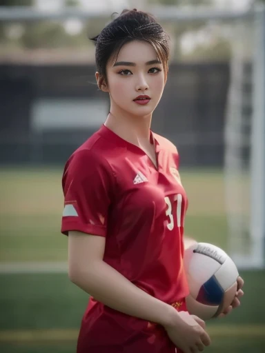 Araaf woman in football uniform poses for a photo, ผู้หญิงlong hairชาวเอเชียตะวันออกเฉียงใต้ที่มีใบหน้ากลม, long hair,black eyes,abdominal muscles, thick hips, rounded chest, very large breasts, Warm light, morning sun, digital painting, HDR, high contrast), 3d, 8K, 45,000,000 pixcls,Asian girl, Gorgeous Chinese model, Japanese model, beautiful asian woman, Japanese goddess, Very beautiful girl., jaw-dropping beauty, Thai girl anime, Korean girl, Ruean Jia is very beautiful wearing a volleyball shirt., Goddess, Wearing a school football uniform, Dilraba Dilmurat, Wear Adidas clothes, Julia Sardinian, Shin Min Jung, Kiko Mizuhara, Tzuyu from two times, Professional sports style, Sana Takeda, retro 9 0s japanese,